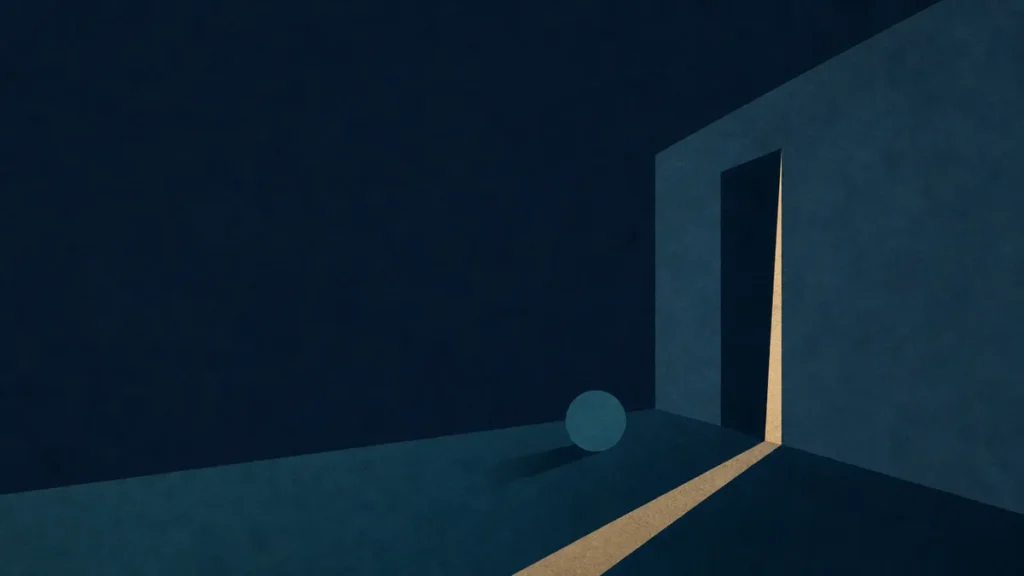 A shape reaching a doorway as its light narrows to a sliver