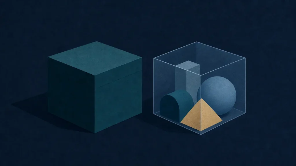 A closed opaque box beside an open transparent one