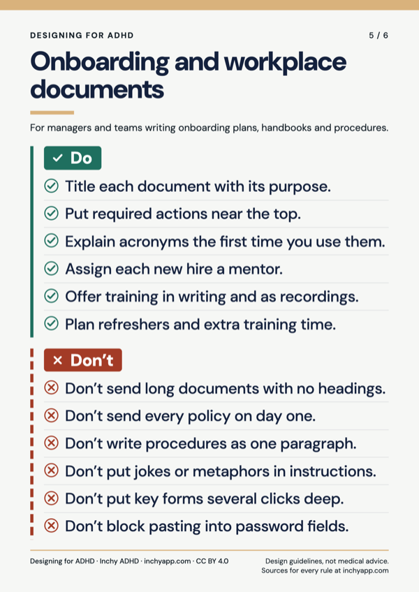 Poster 5 of 6, Onboarding and workplace documents: 6 dos and 6 don’ts. The full text is listed on this page.
